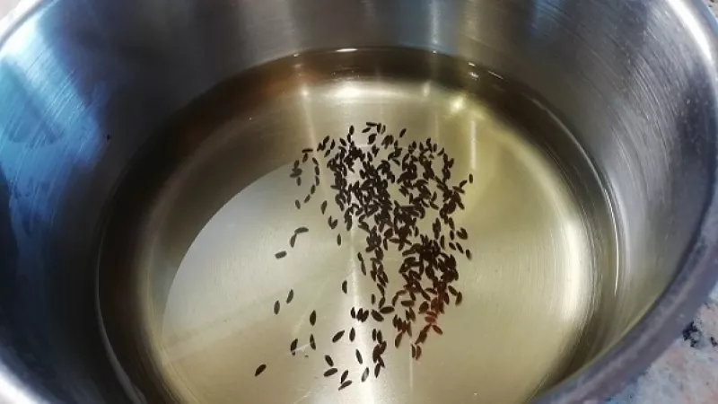 2. Pripravíme nálev. Do 500 ml vody dáme variť rascu, soľ, kryštálový alebo trstinový cukor a ocot (keď ho zvolíme). Môžeme pridať aj zopár zrniečok celého čierneho korenia. Nálev varíme 10 minút.