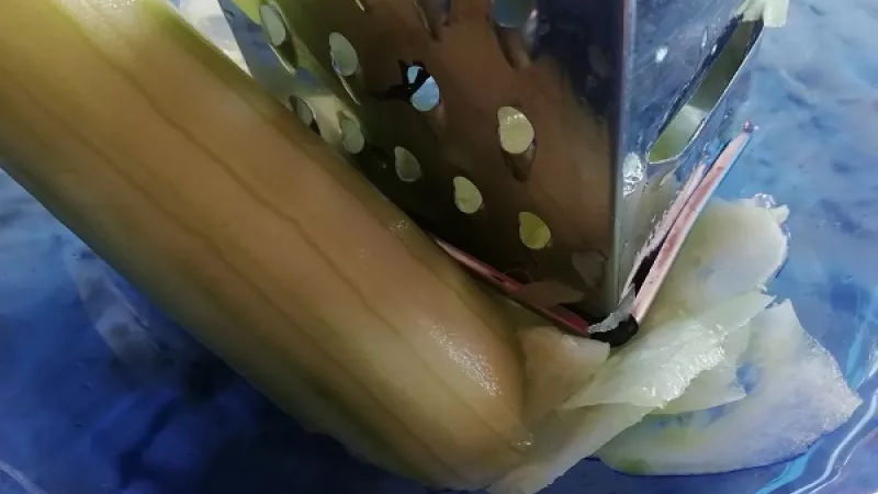 1. Zelené uhorky umyjeme, ošúpeme a nastrúhame na tenšie plátky. Ak máme uhorky mladé, najlepšie domáce, môžeme ich nastrúhať na plátky aj so šupkou.